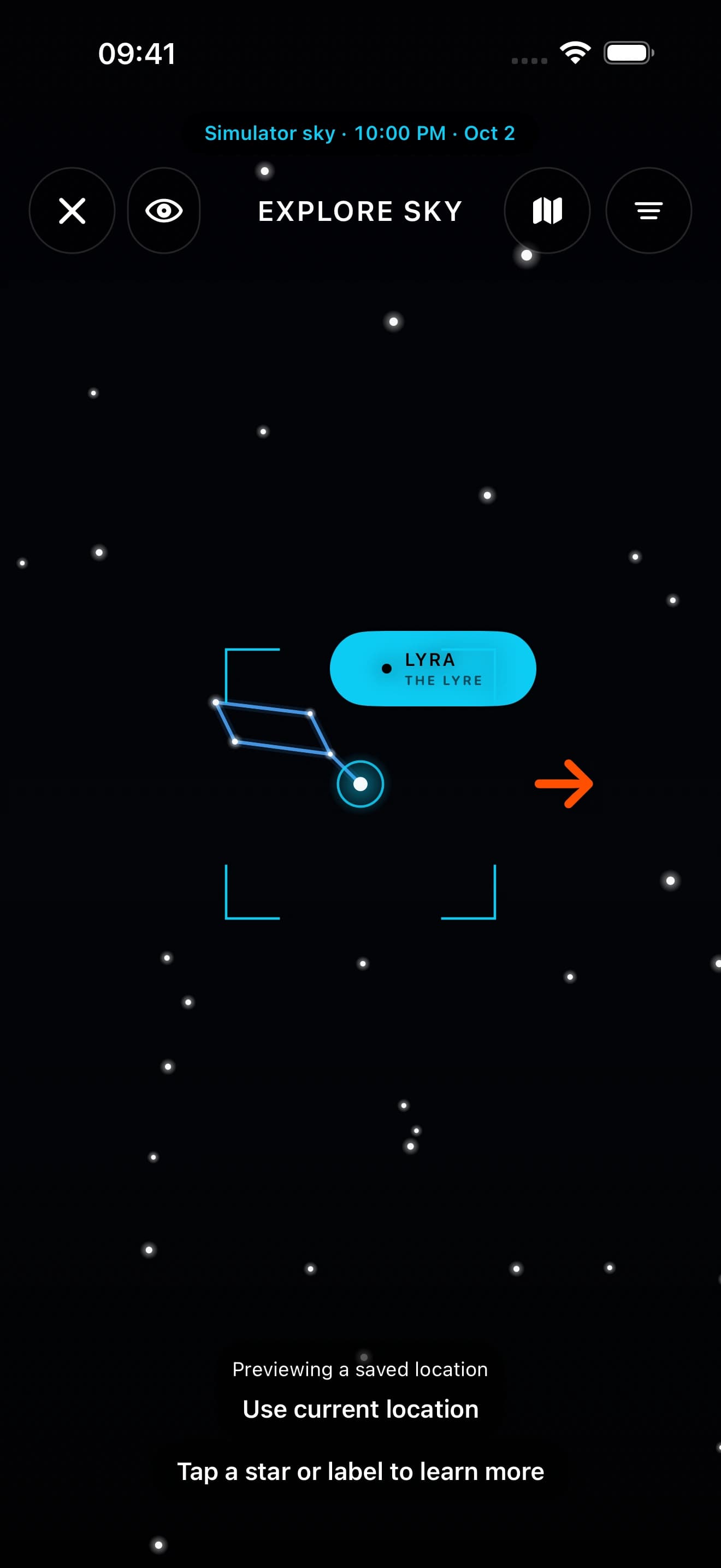Launch Lookout Simulator capture showing Vega and the calculated Lyra constellation guide