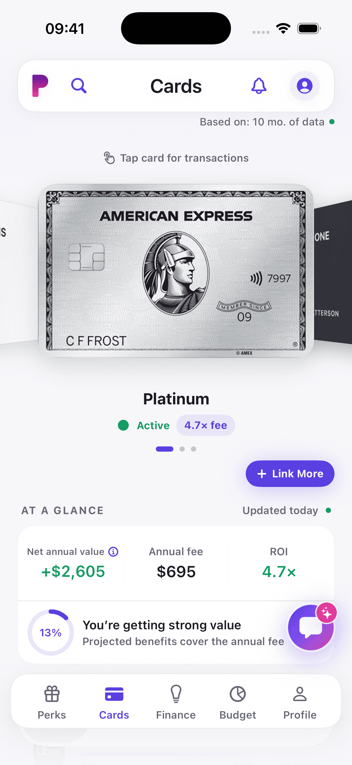 PerkTrack Cards view with a card wallet and benefit tracking
