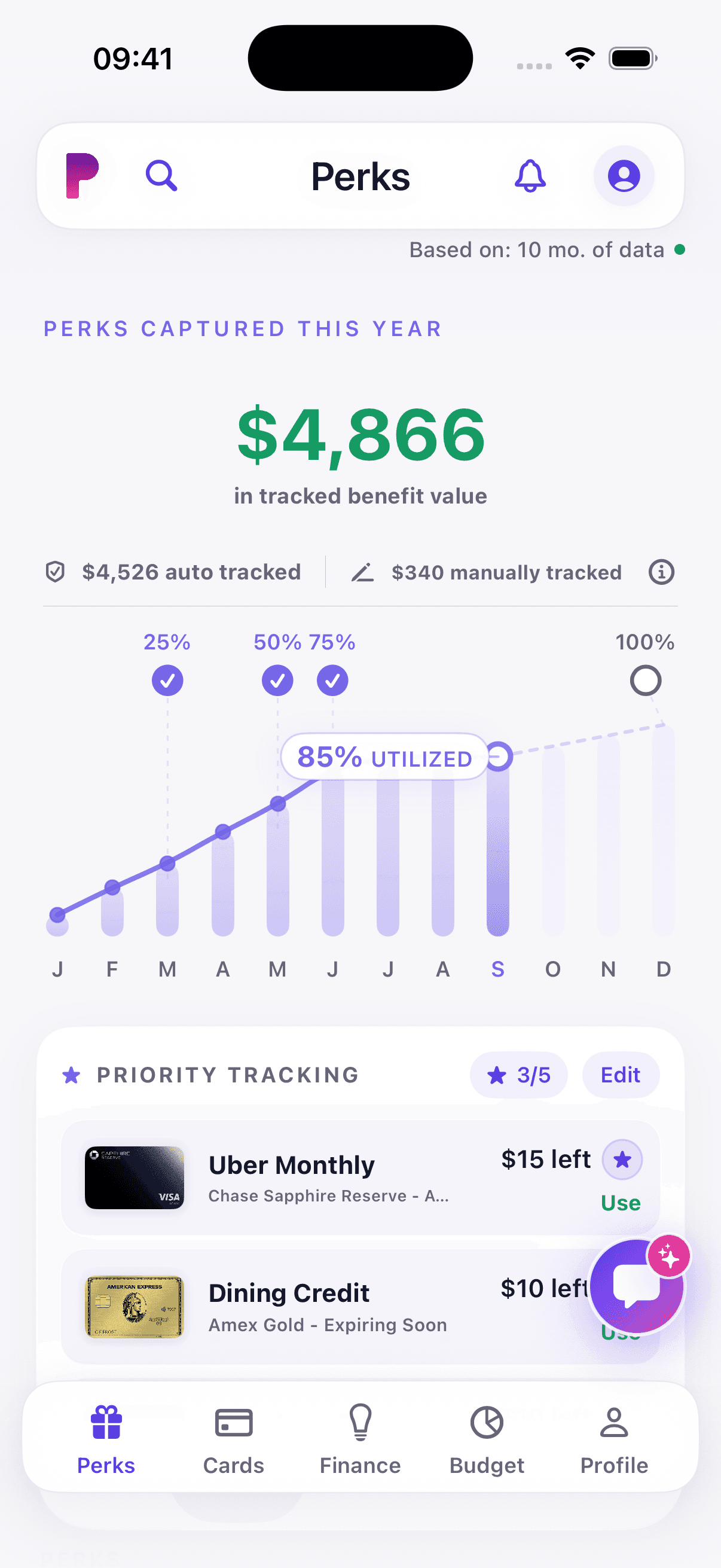 PerkTrack Perks view with tracked benefit value, annual utilization, and priority benefits