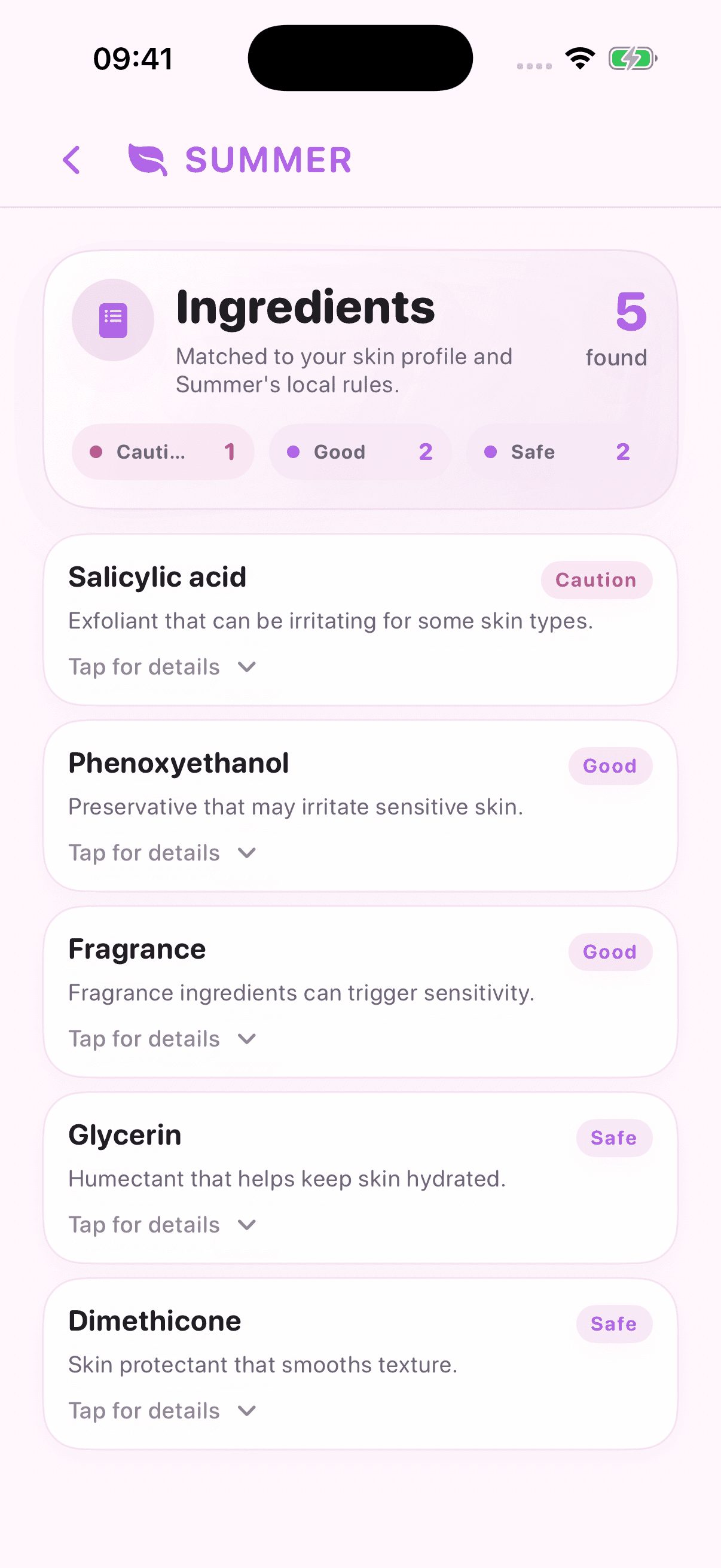 Summer’s ingredient-by-ingredient breakdown with demo ingredient information